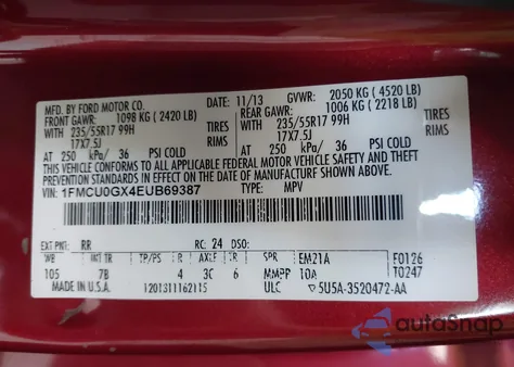 2014 Ford Escape Se from USA, damaged, VIN 1FMCU0GX4EUB69387